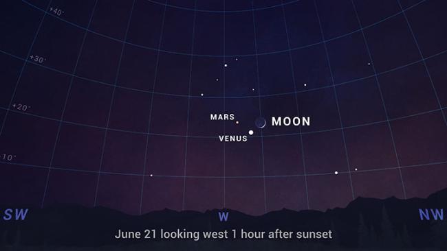Sky chart with the crescent Moon near Mars and Venus in the evening sky on June 21, 2023. 