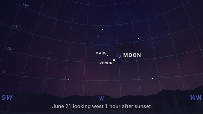 Sky chart with the crescent Moon near Mars and Venus in the evening sky on June 21, 2023.