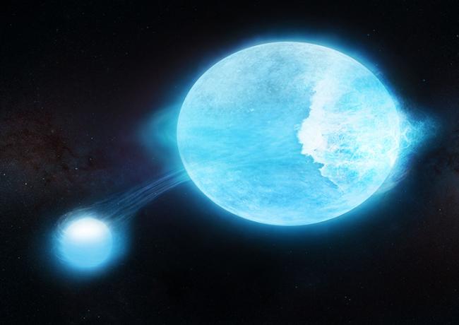 Artist conception of the system, where the smaller star induces breaking surface waves in the more massive companion.