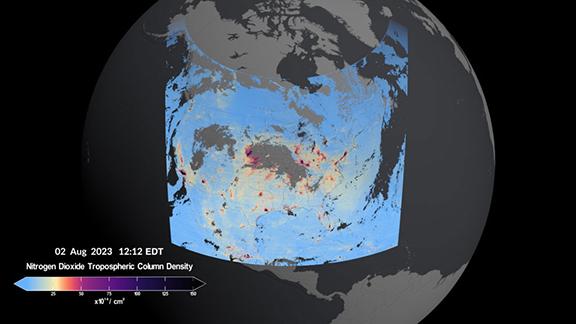 In this visualization, high levels of nitrogen dioxide can be seen over multiple urban areas across the U.S., Canada, Mexico and the Caribbean.