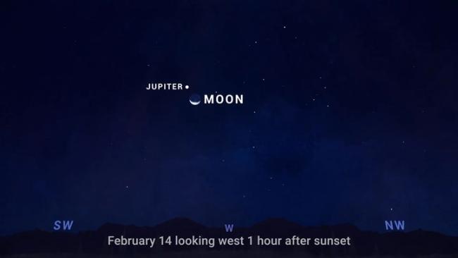 Sky chart showing Jupiter and the Moon on the evening of February 14.