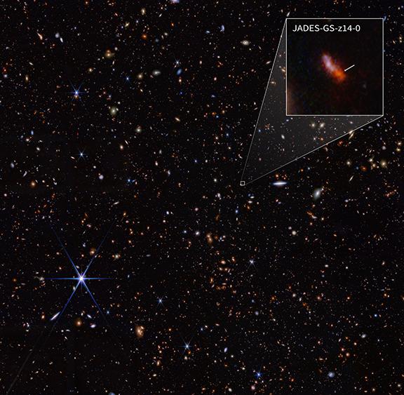 This infrared image from NASA’s James Webb Space Telescope (also called Webb or JWST) was taken by the NIRCam (Near-Infrared Camera) for the JWST Advanced Deep Extragalactic Survey, or JADES, program.