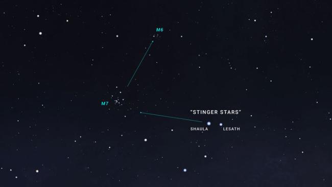 Zoomed sky chart showing where M7 and M6 are located relative to the bright stars that form the stinger of the scorpion constellation.