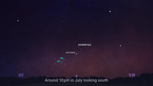 This sky chart shows the evening sky in July, with constellation Scorpius low in the south