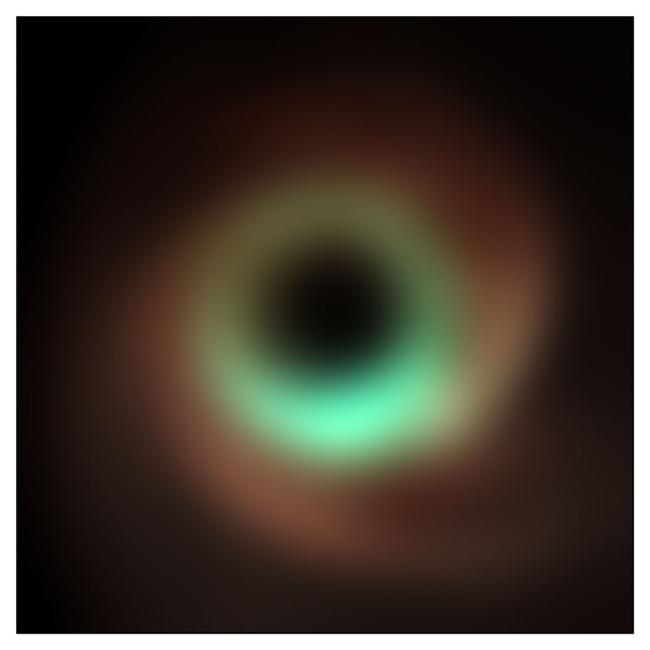 Simulated image shows how M87* is seen by the Event Horizon Telescope at 86 GHz (red), 230 GHz (green), and 345 GHz (blue). 