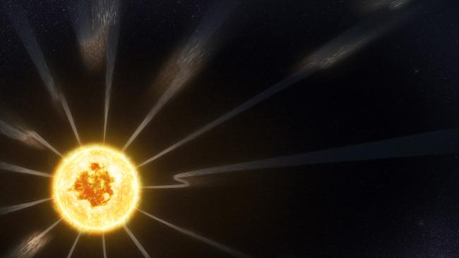 Image depicting solar wind flowing from the Sun measured by Parker Solar Probe near the edge of the corona and later with Solar Orbiter at a larger distance during a spacecraft alignment.