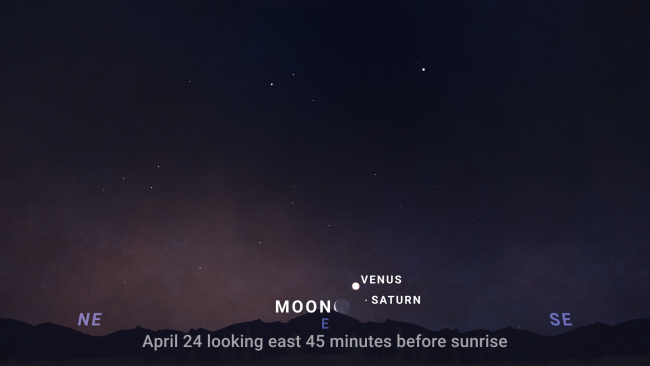 Sky chart showing the eastern sky 45 minutes before sunrise on April 24, with Venus, Saturn and the crescent Moon